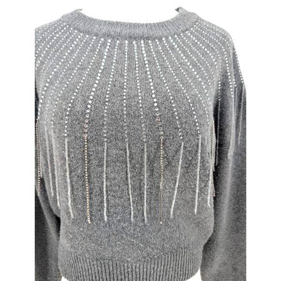 BB Dakota If You Fancy Gray Embellished Fringe Sweater XS Sparkle Western Glam - Picture 6 of 15